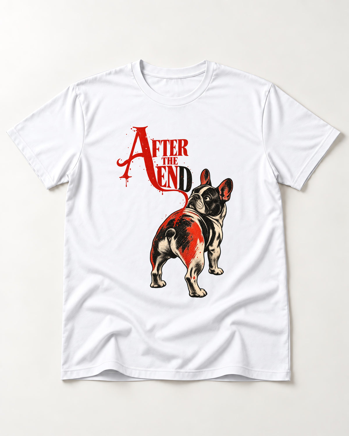 Frenchie After the End T-Shirt in White, flat lay product photo