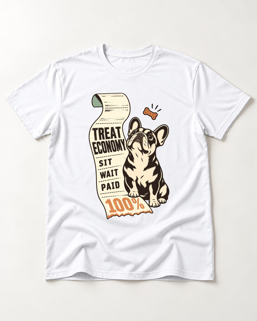 Sit Wait Paid Frenchie T-Shirt in White, flat lay product photo