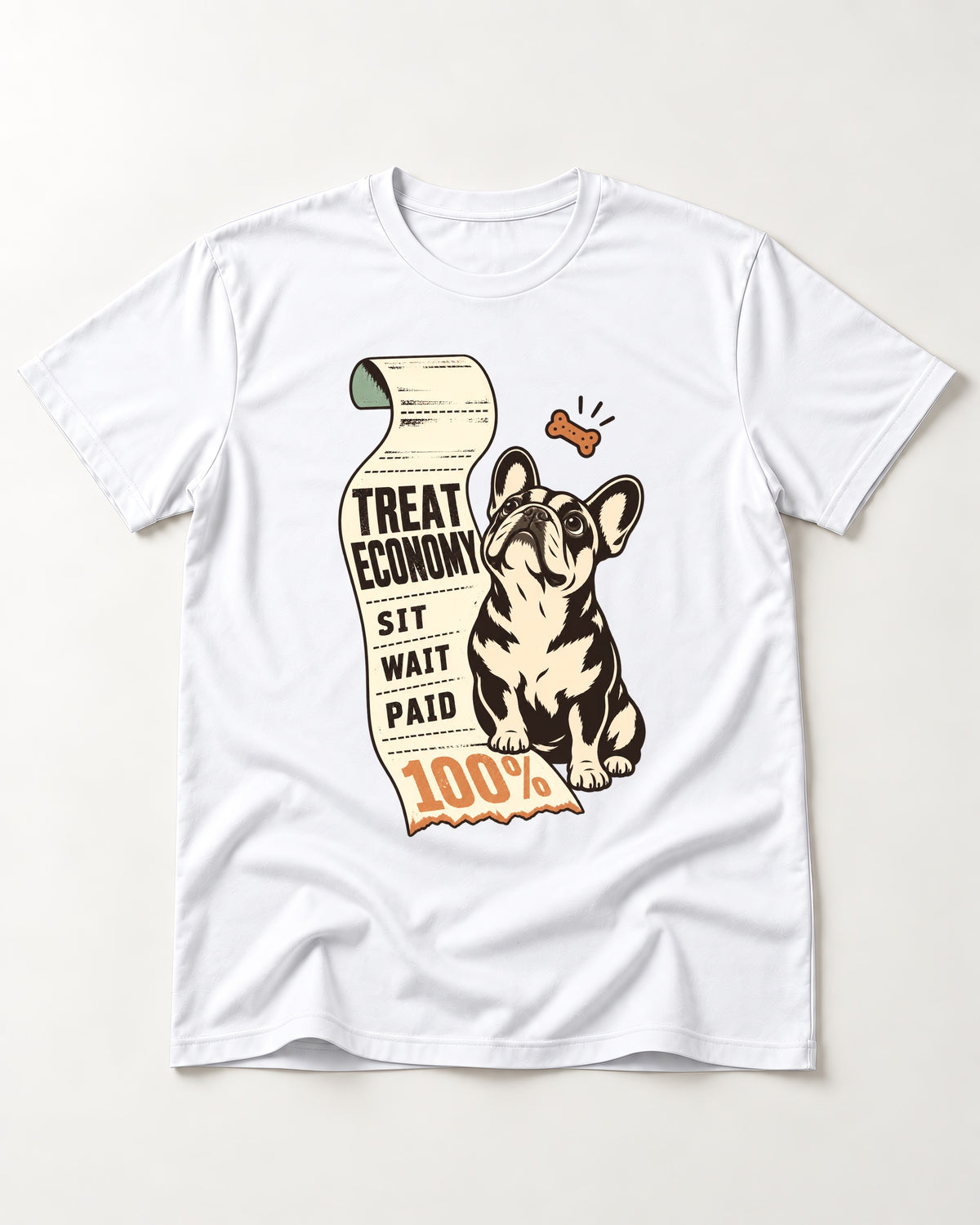 Sit Wait Paid Frenchie T-Shirt in White, flat lay product photo