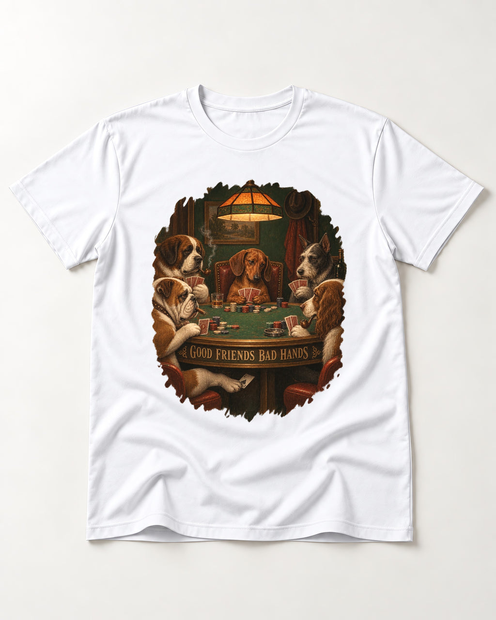 Dachshund Good Friends Bad Hands Poker Scene T-Shirt in White, flat lay product photo