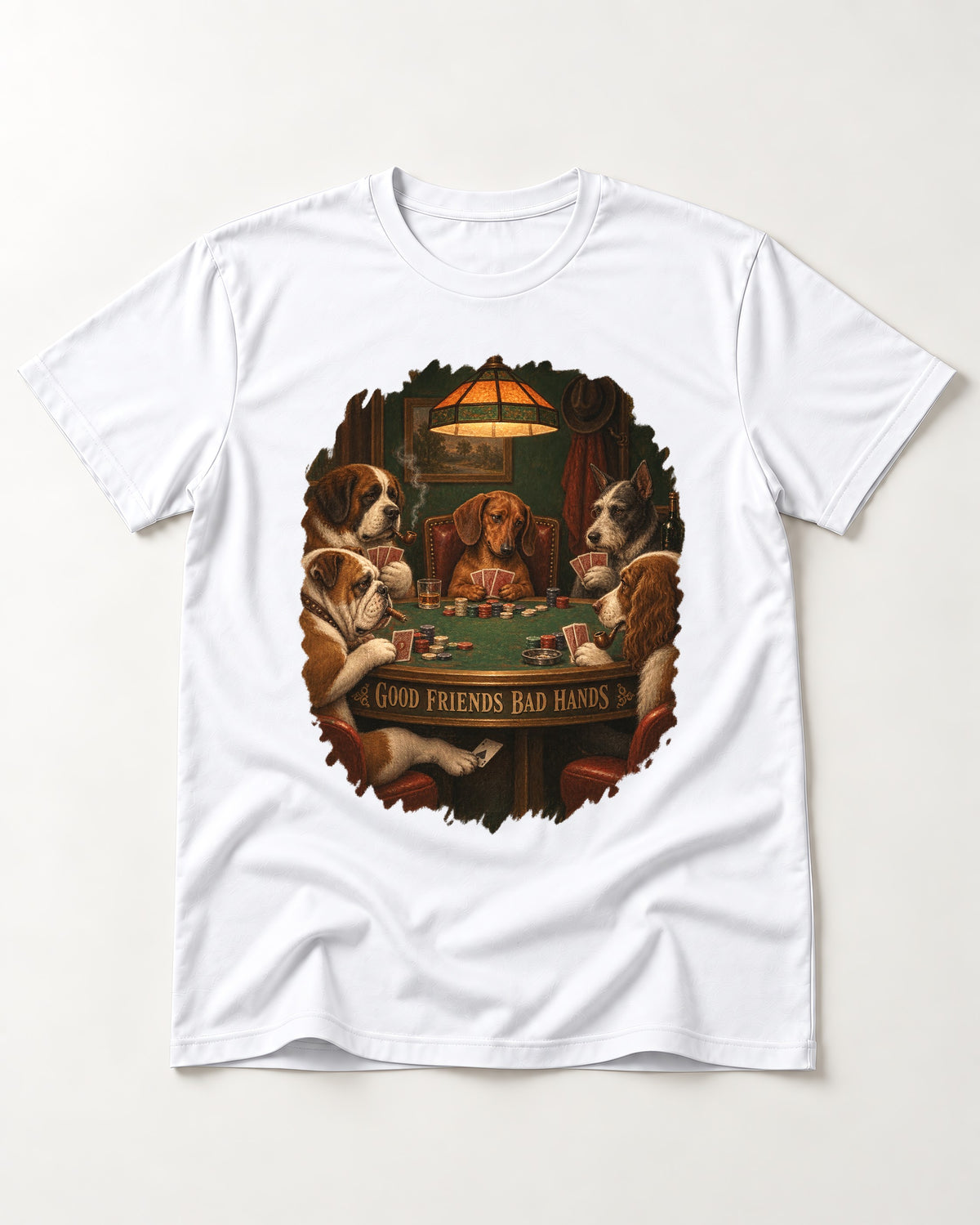 Dachshund Good Friends Bad Hands Poker Scene T-Shirt in White, flat lay product photo