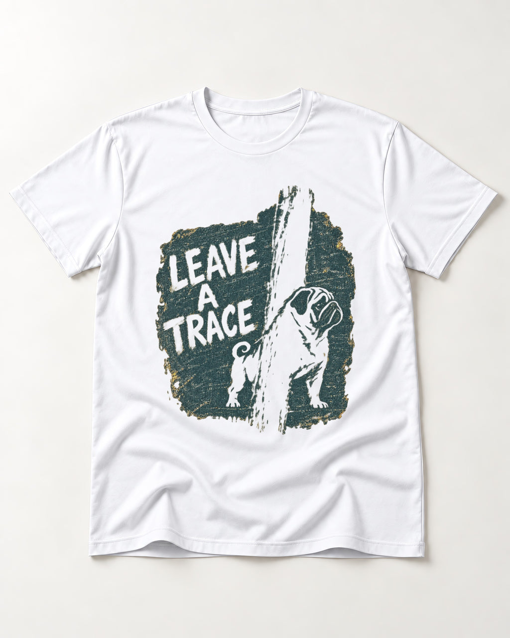 Pug Leaves a Trace T-Shirt in White, flat lay product photo