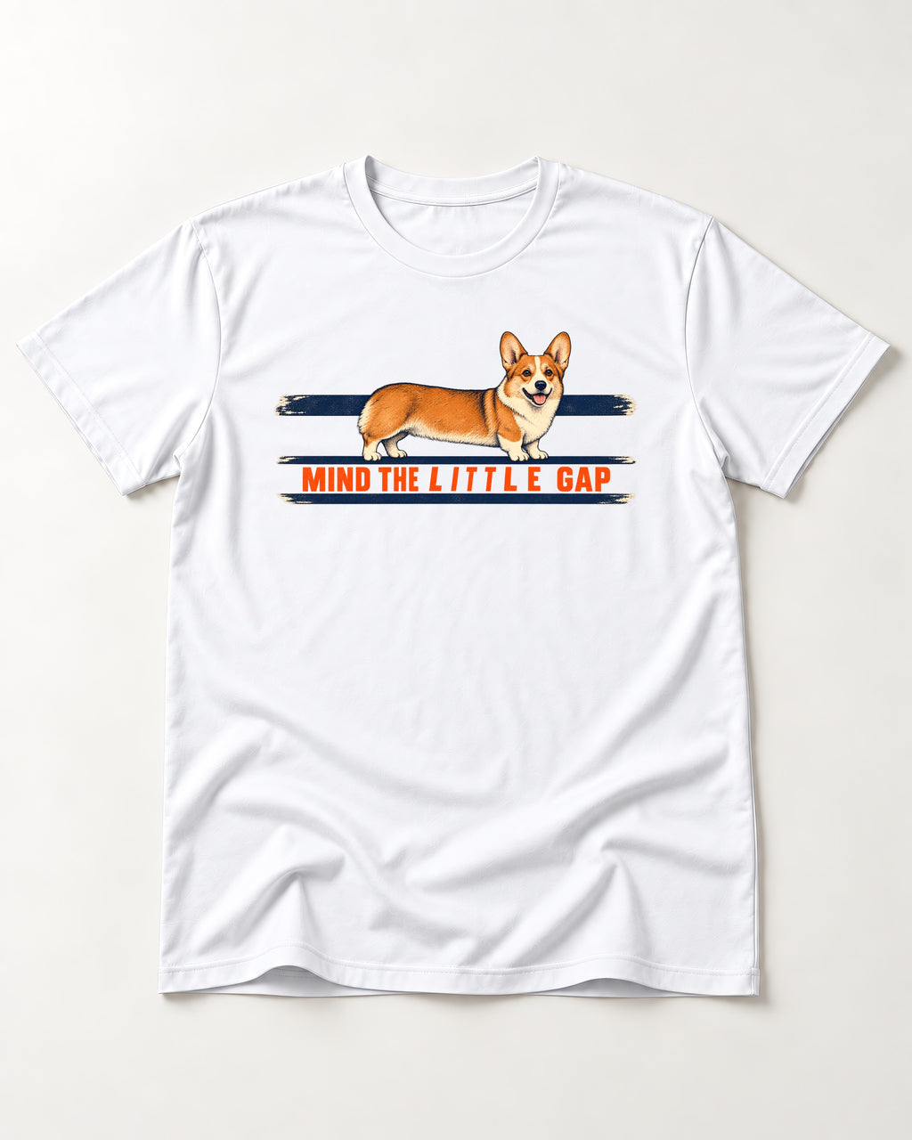 Mind the Little Corgi Gap T-Shirt in White, flat lay product photo