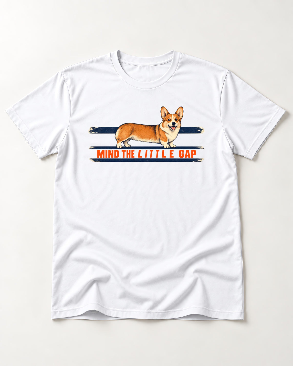 Mind the Little Corgi Gap T-Shirt in White, flat lay product photo