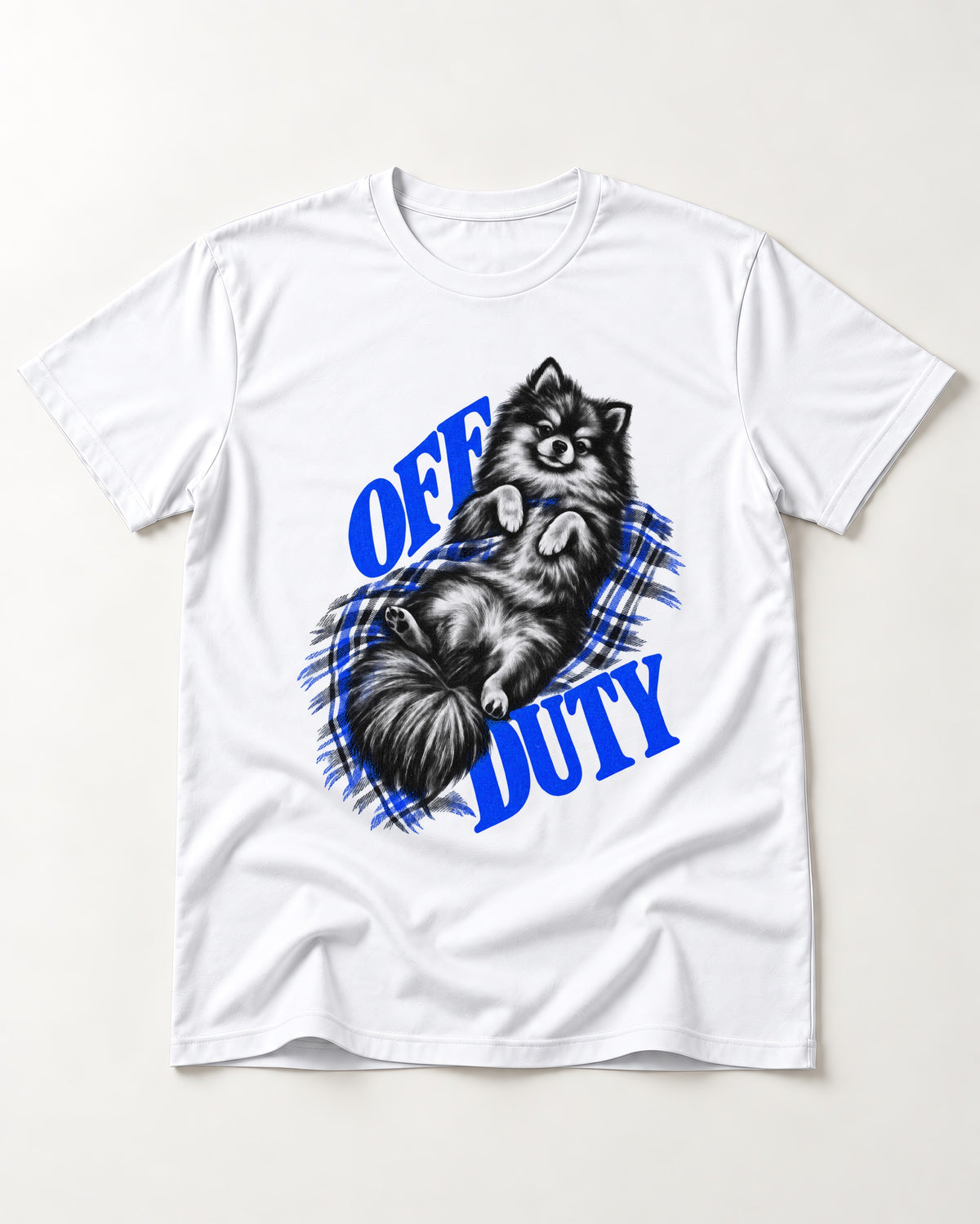 Off Duty Pomeranian T-Shirt in White, flat lay product photo