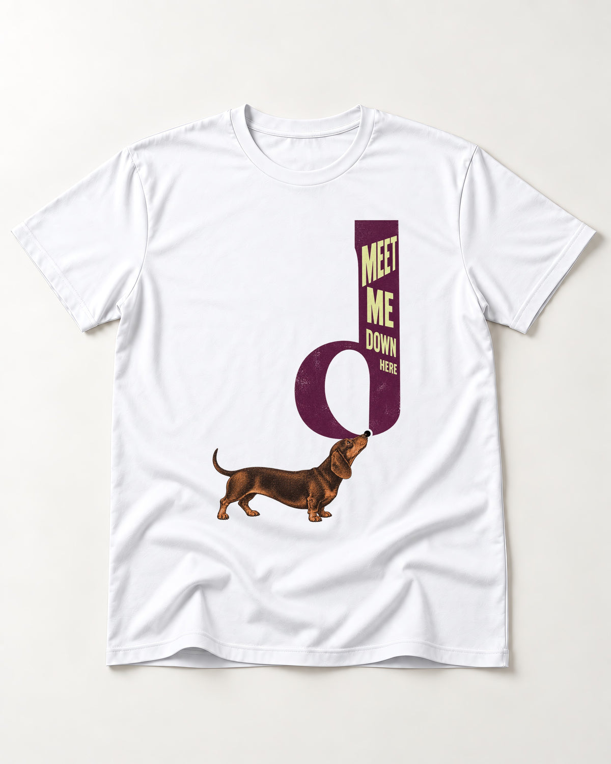 Dachshund Meet Me Down Here Letterform Loop Graphic T-Shirt in White, flat lay product photo