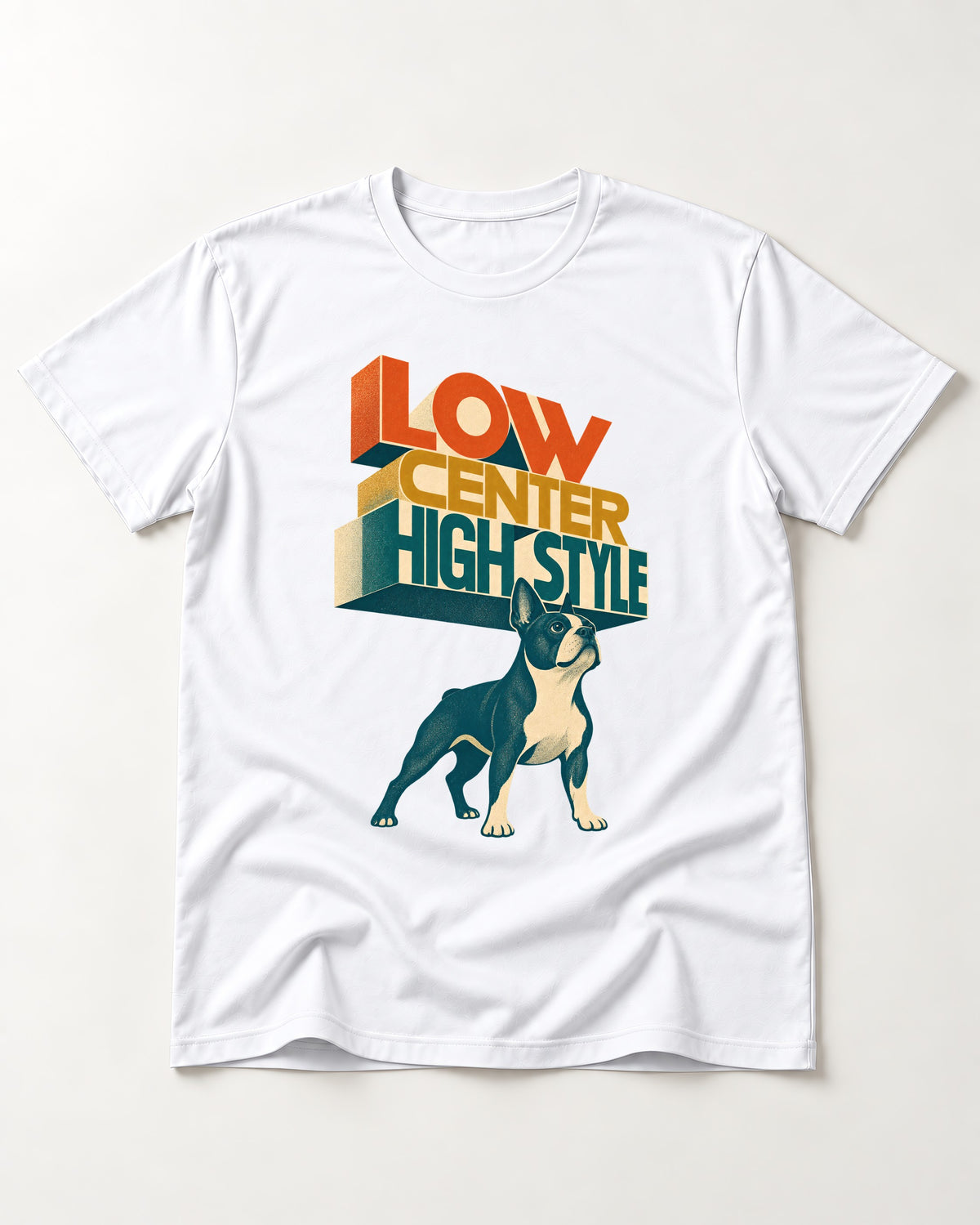 Low Center Boston Terrier T-Shirt in White, flat lay product photo