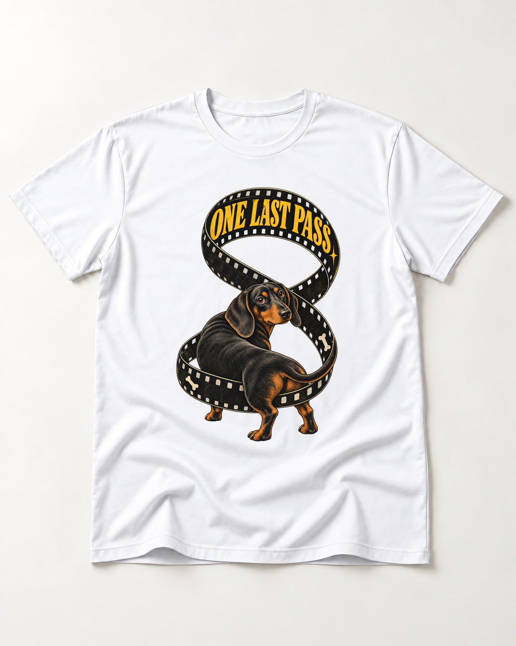 Dachshund's One Last Pass T-Shirt in White, flat lay product photo