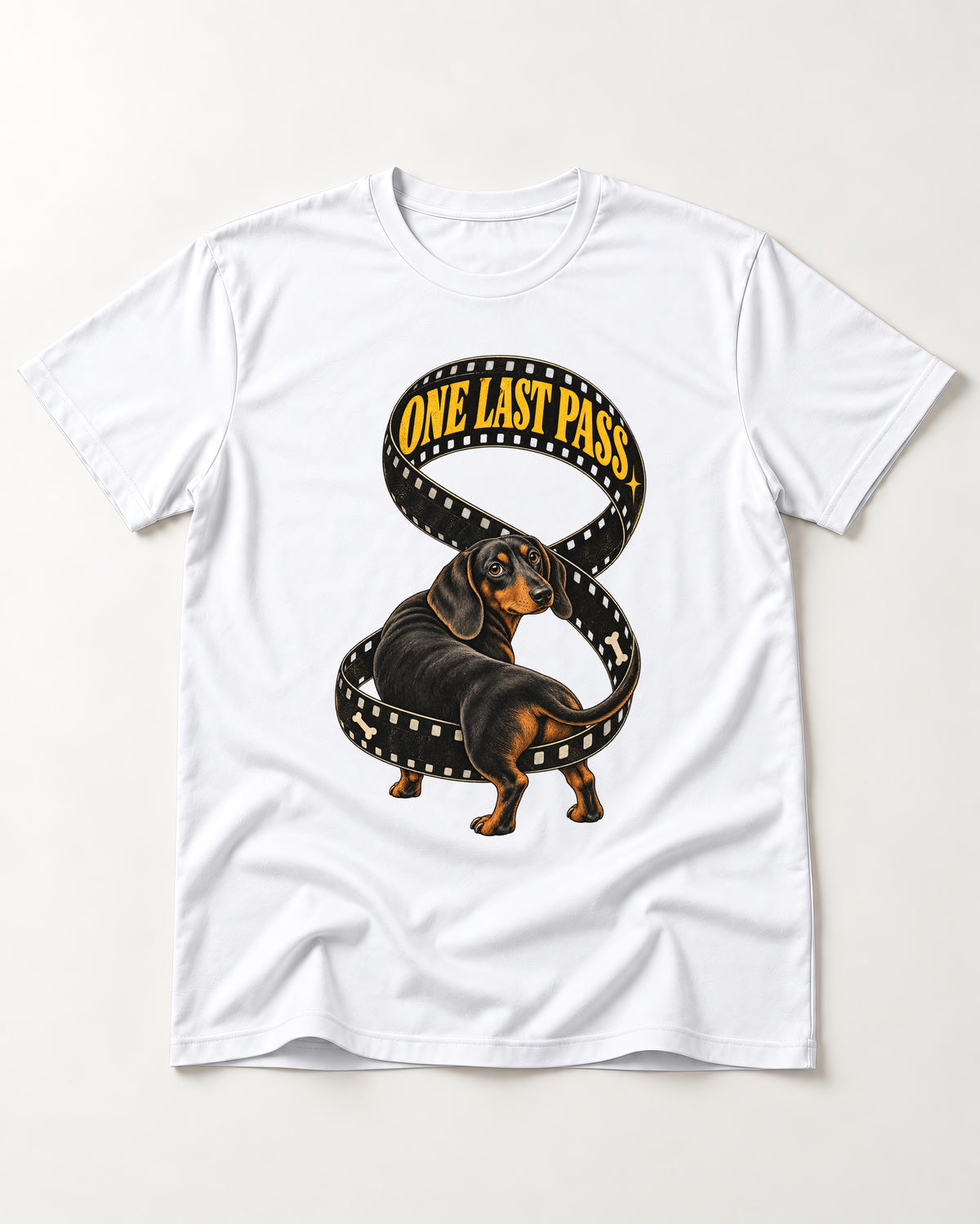 Dachshund's One Last Pass T-Shirt in White, flat lay product photo
