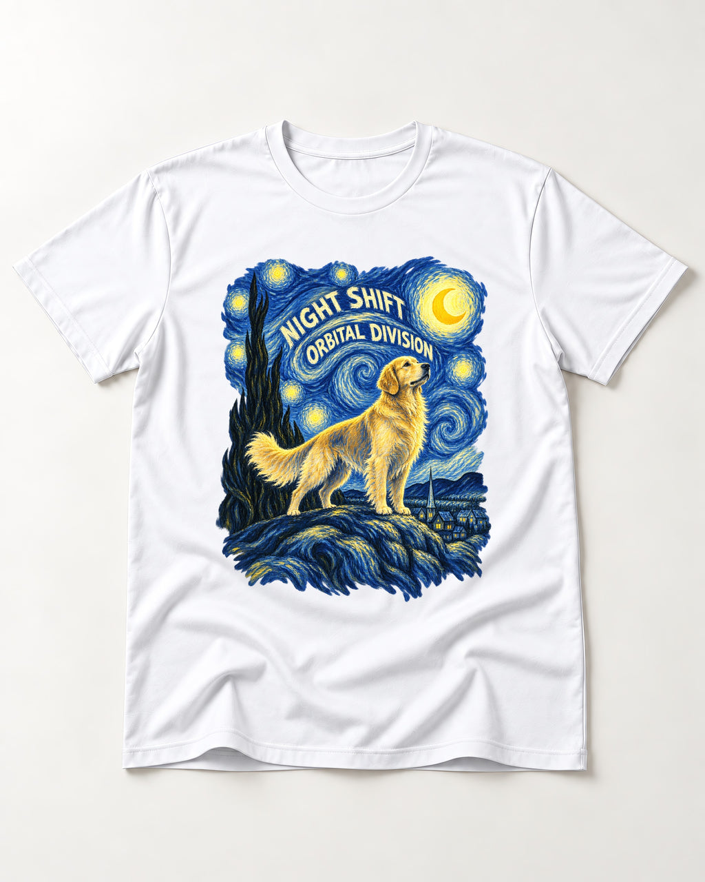 Night Shift Orbital Division Starry Night Golden Retriever Graphic T-Shirt in White, flat lay product photo