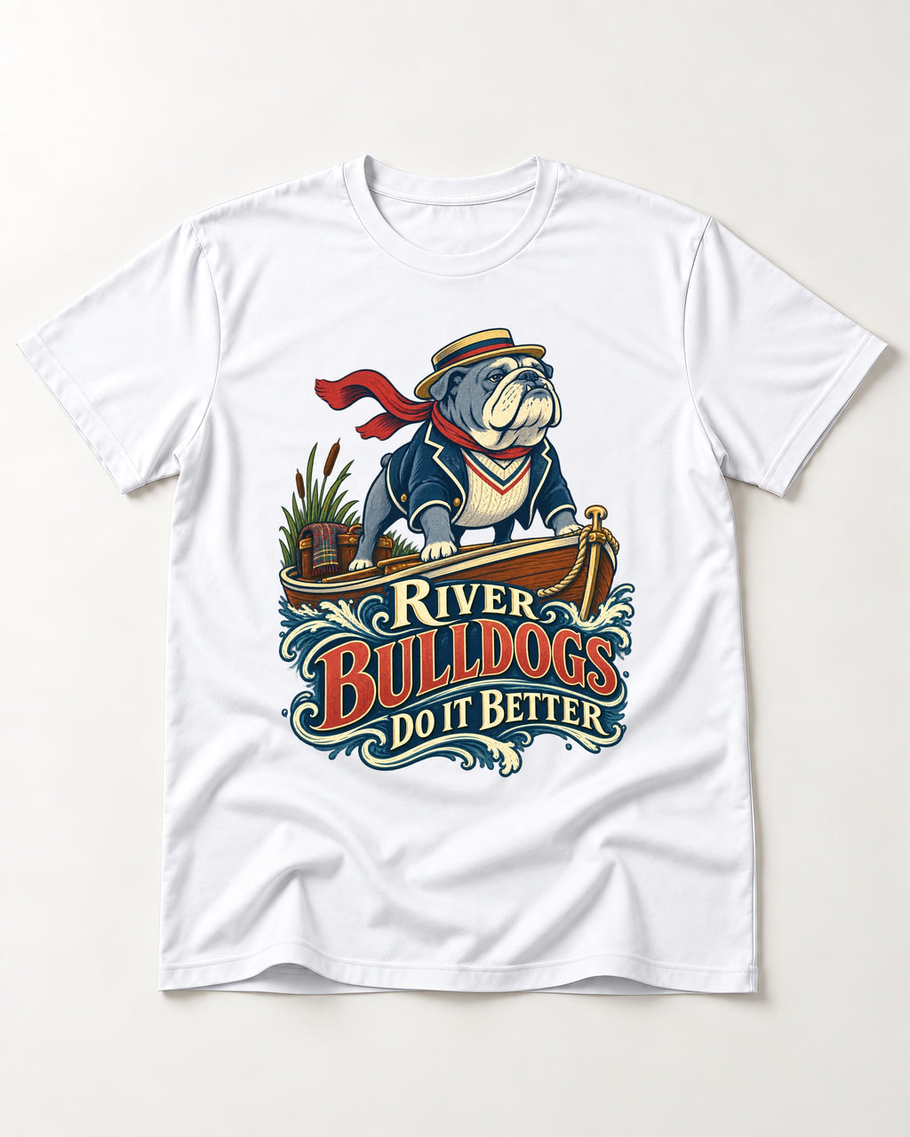 River English Bulldog Does It Better T-Shirt in White, flat lay product photo