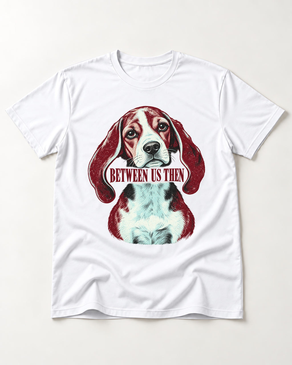 Beagle Between Us Then T-Shirt in White, flat lay product photo