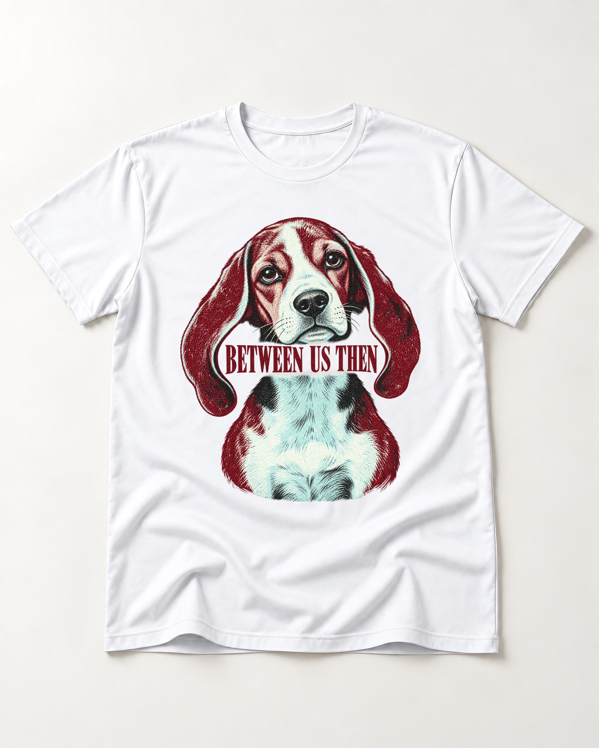 Beagle Between Us Then T-Shirt in White, flat lay product photo