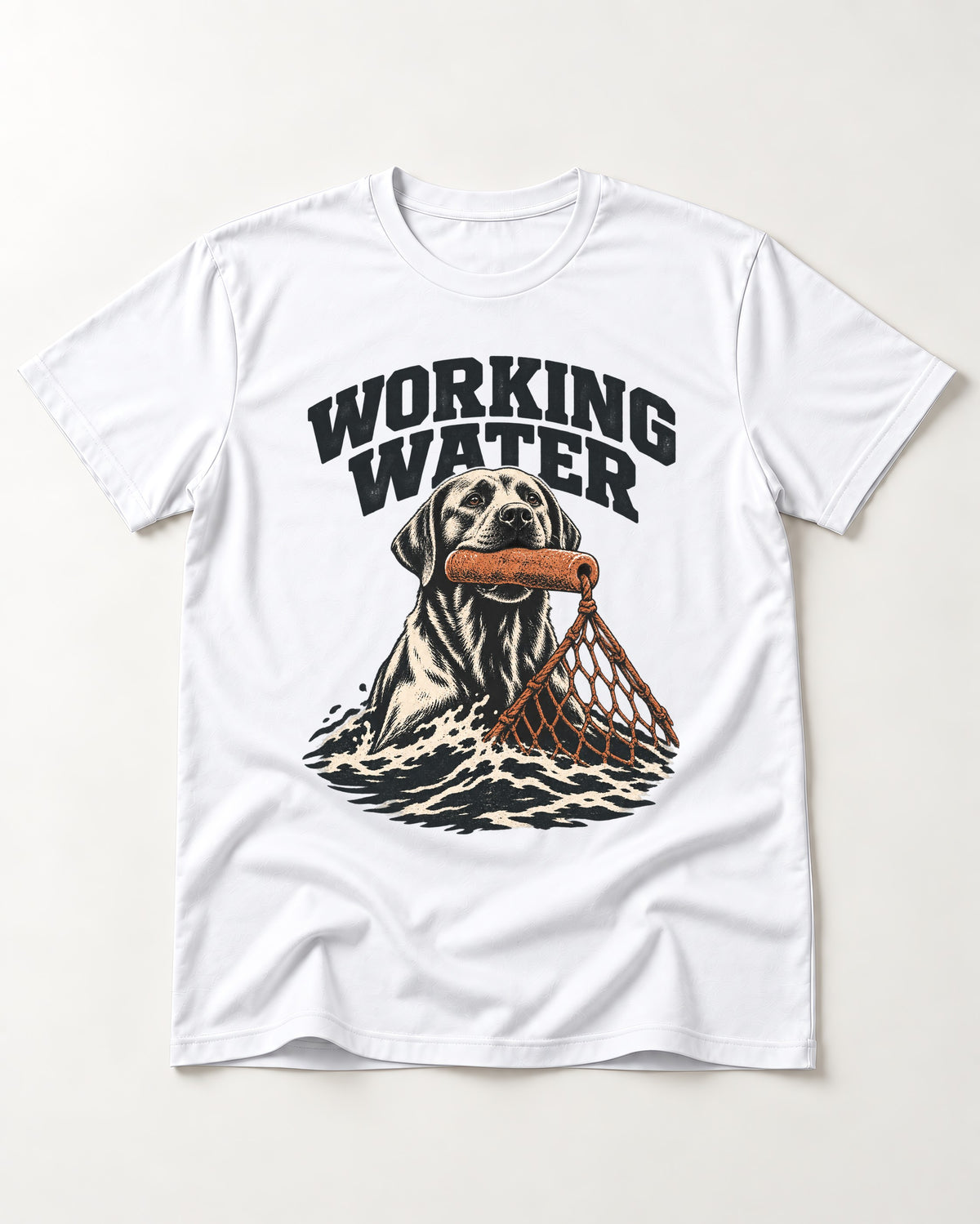 Working Water Labrador Retriever T-Shirt in White, flat lay product photo