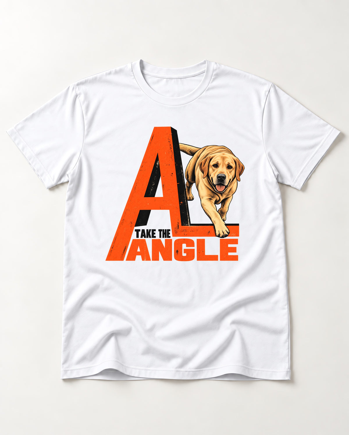Take the Angle Labrador Retriever T-Shirt in White, flat lay product photo