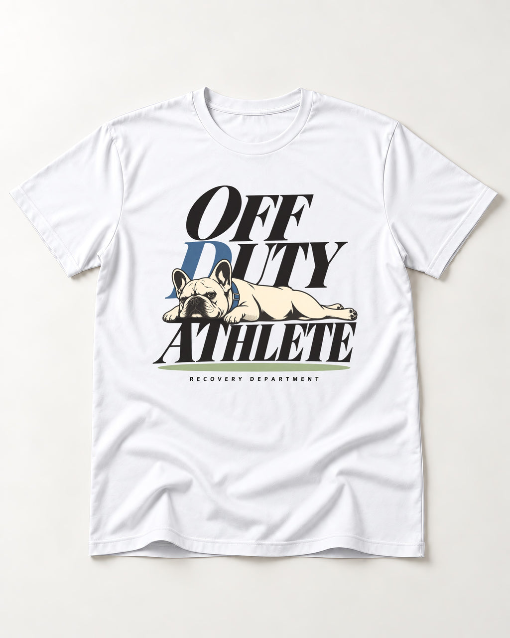 Off Duty Athlete Frenchie T-Shirt in White, flat lay product photo