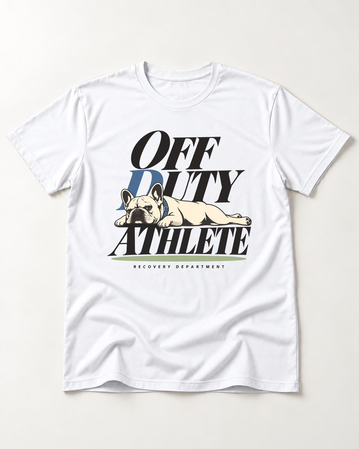Off Duty Athlete Frenchie T-Shirt in White, flat lay product photo