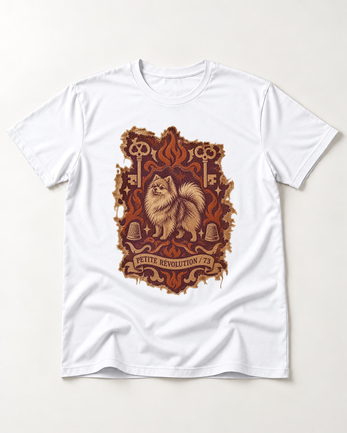 Pomeranian Petite Revolution Ornate Key Emblem Graphic T-Shirt in White, flat lay product photo
