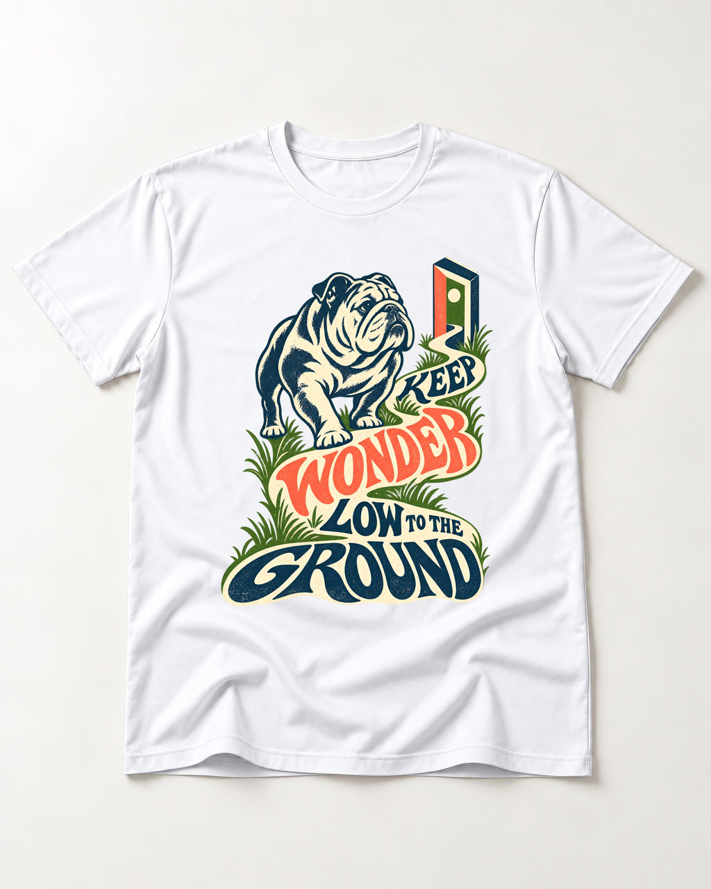 Keep Wonder Low to the Ground English Bulldog Graphic T-Shirt in White, flat lay product photo