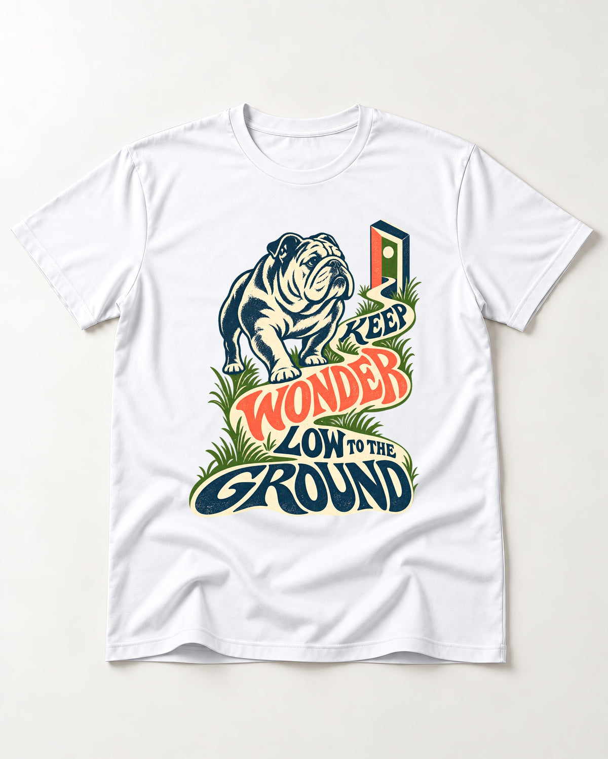 Keep Wonder Low to the Ground English Bulldog Graphic T-Shirt in White, flat lay product photo