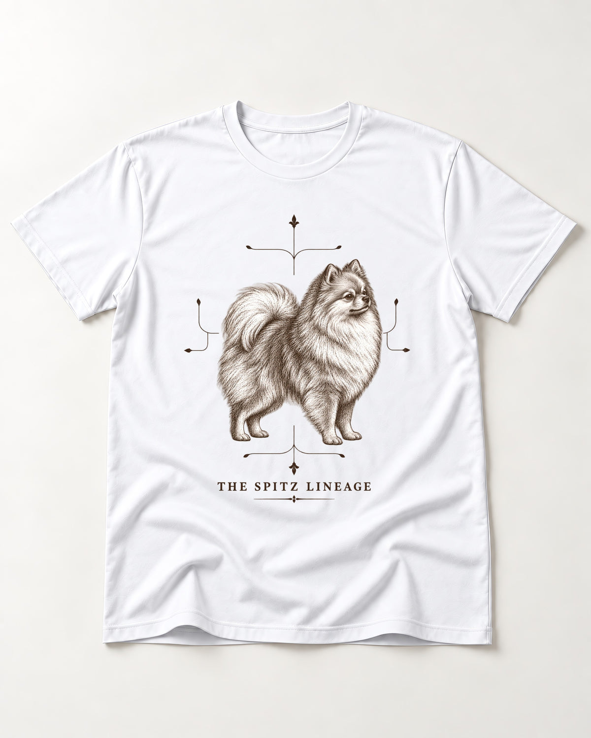 Pomeranian Spitz Lineage T-Shirt in White, flat lay product photo
