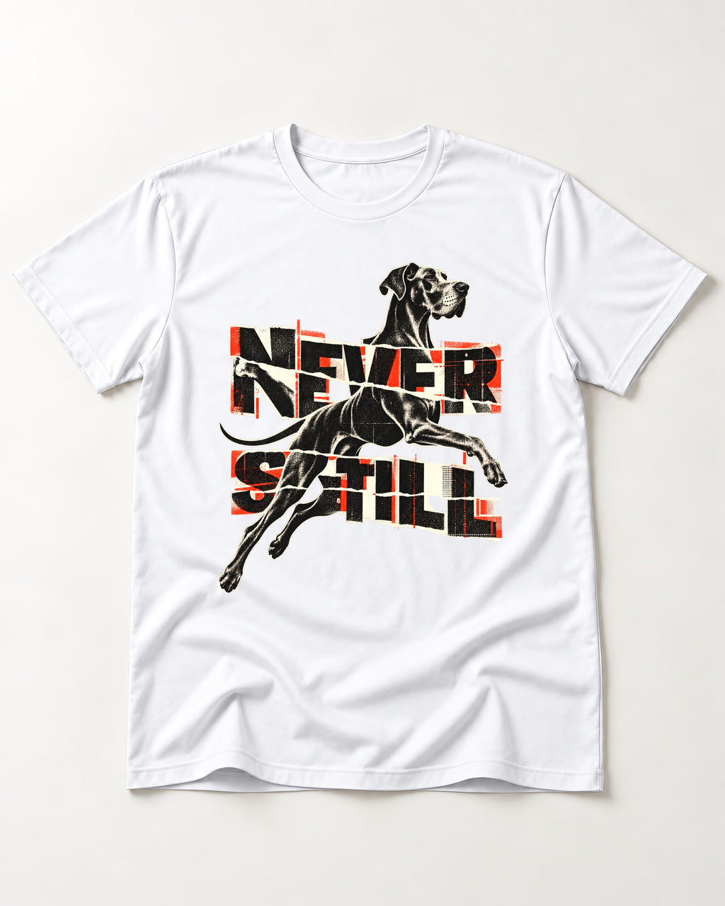 Great Dane Never Still Leaping Collage Graphic T-Shirt in White, flat lay product photo