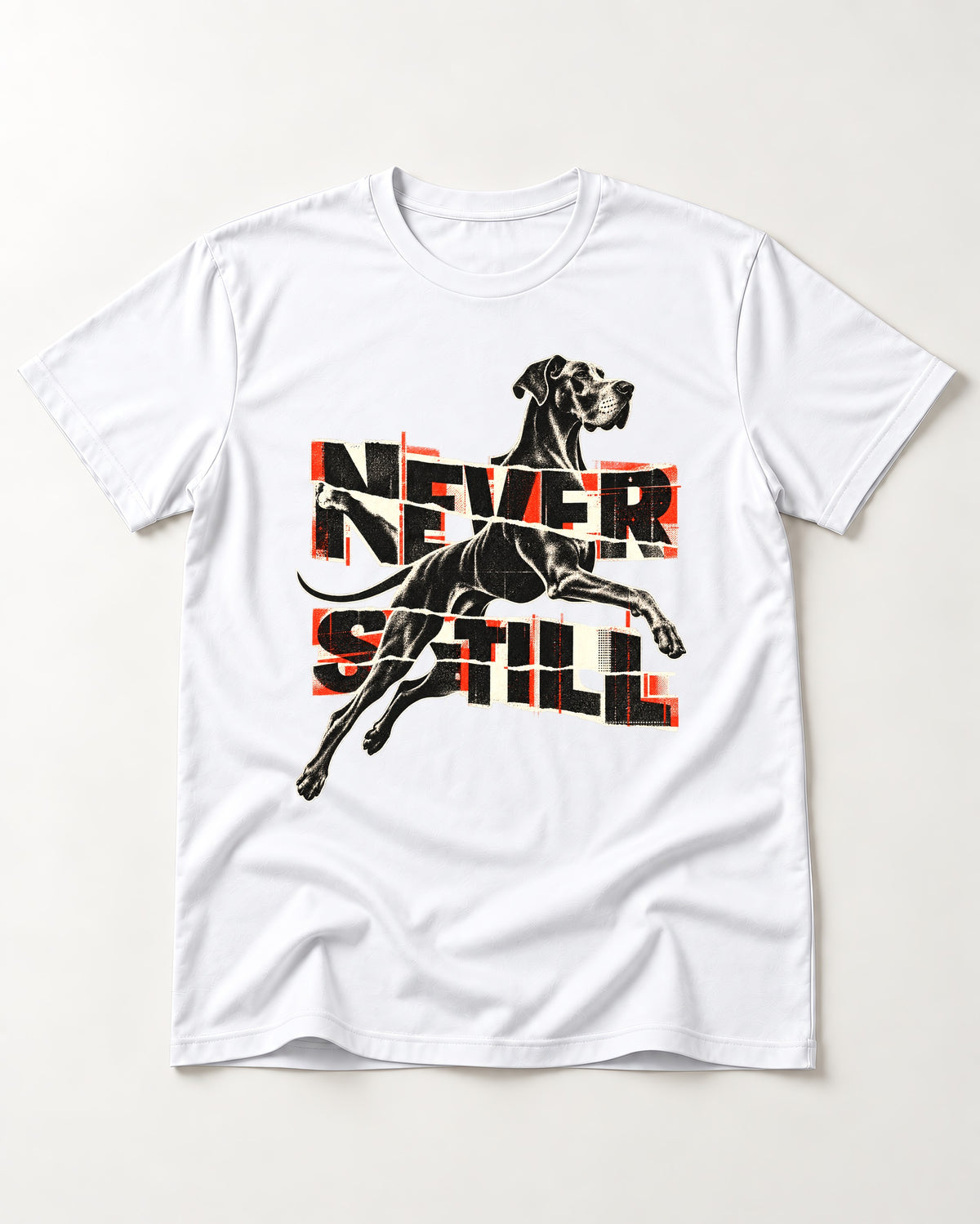 Great Dane Never Still Leaping Collage Graphic T-Shirt in White, flat lay product photo