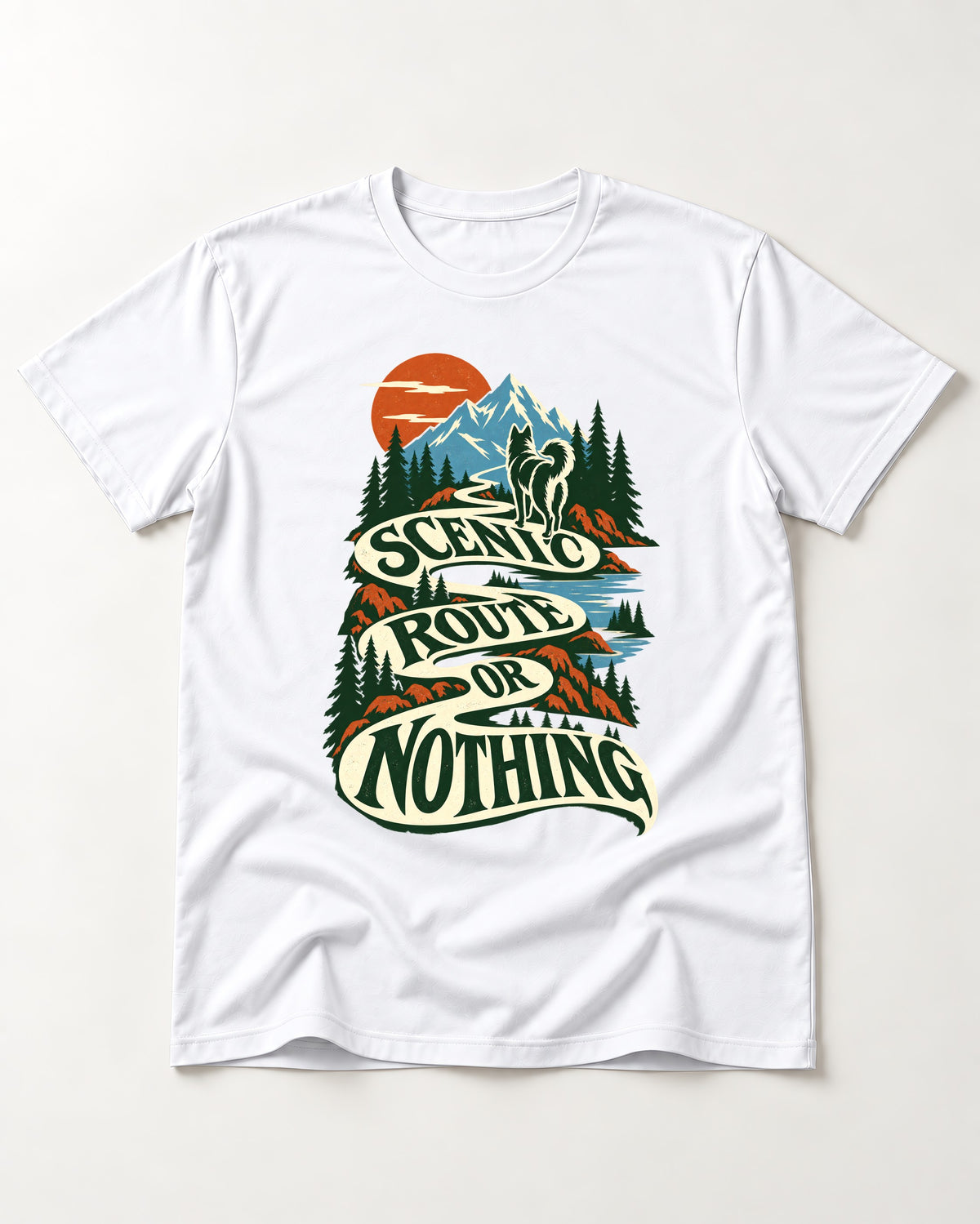 Husky Scenic Route or Nothing T-Shirt in White, flat lay product photo
