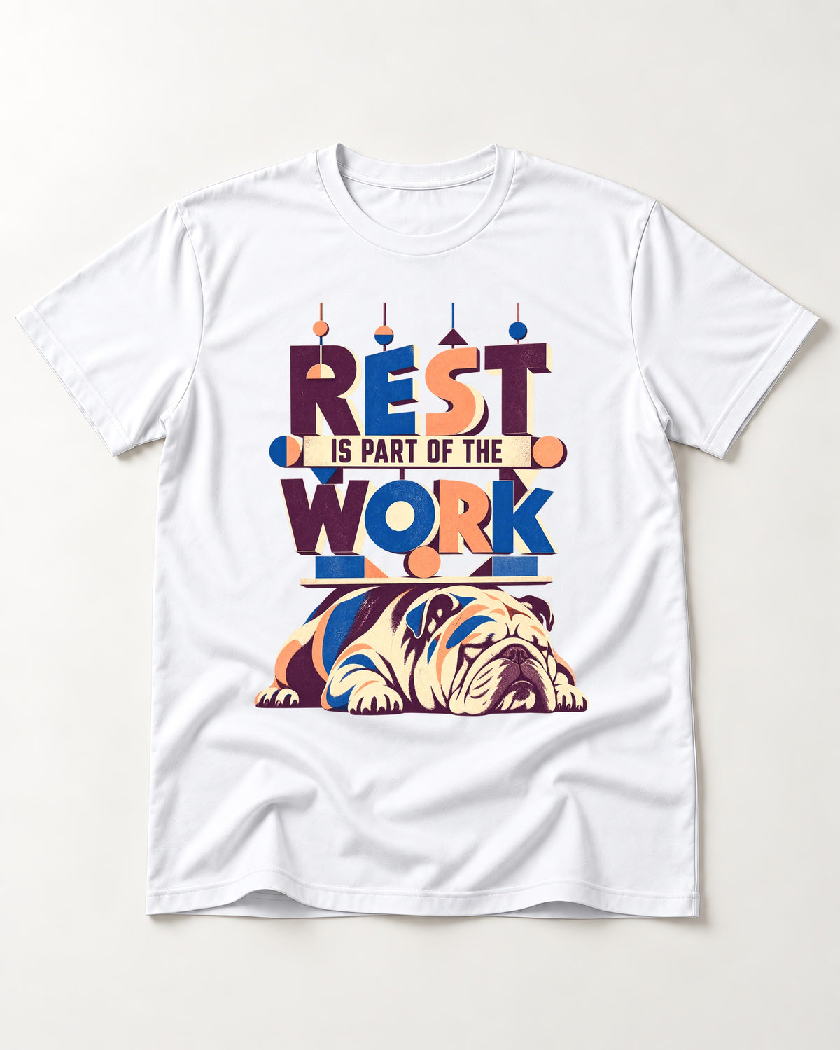 Rest Is Work English Bulldog T-Shirt in White, flat lay product photo