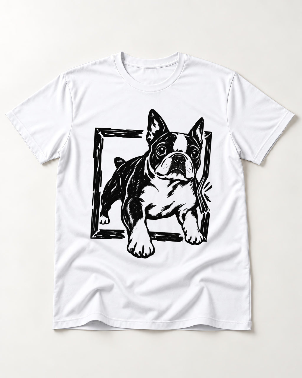 Boston Terrier Unstoppable T-Shirt in White, flat lay product photo