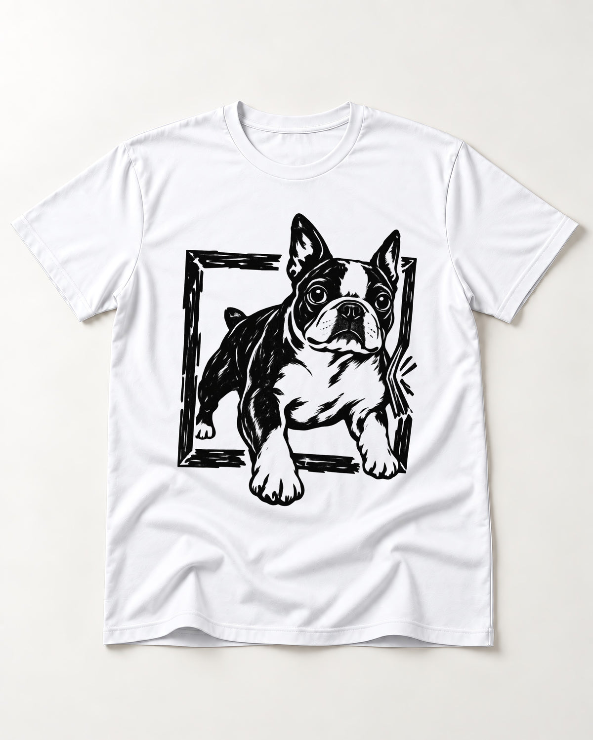 Boston Terrier Unstoppable T-Shirt in White, flat lay product photo