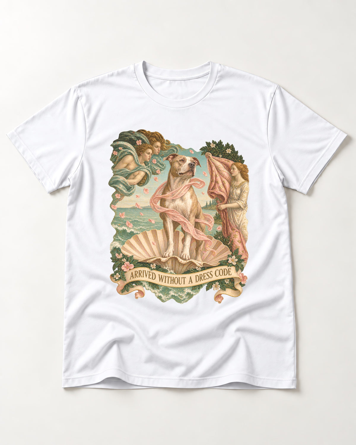 Pitbull Arrived Without a Dress Code Venus Parody Graphic T-Shirt in White, flat lay product photo