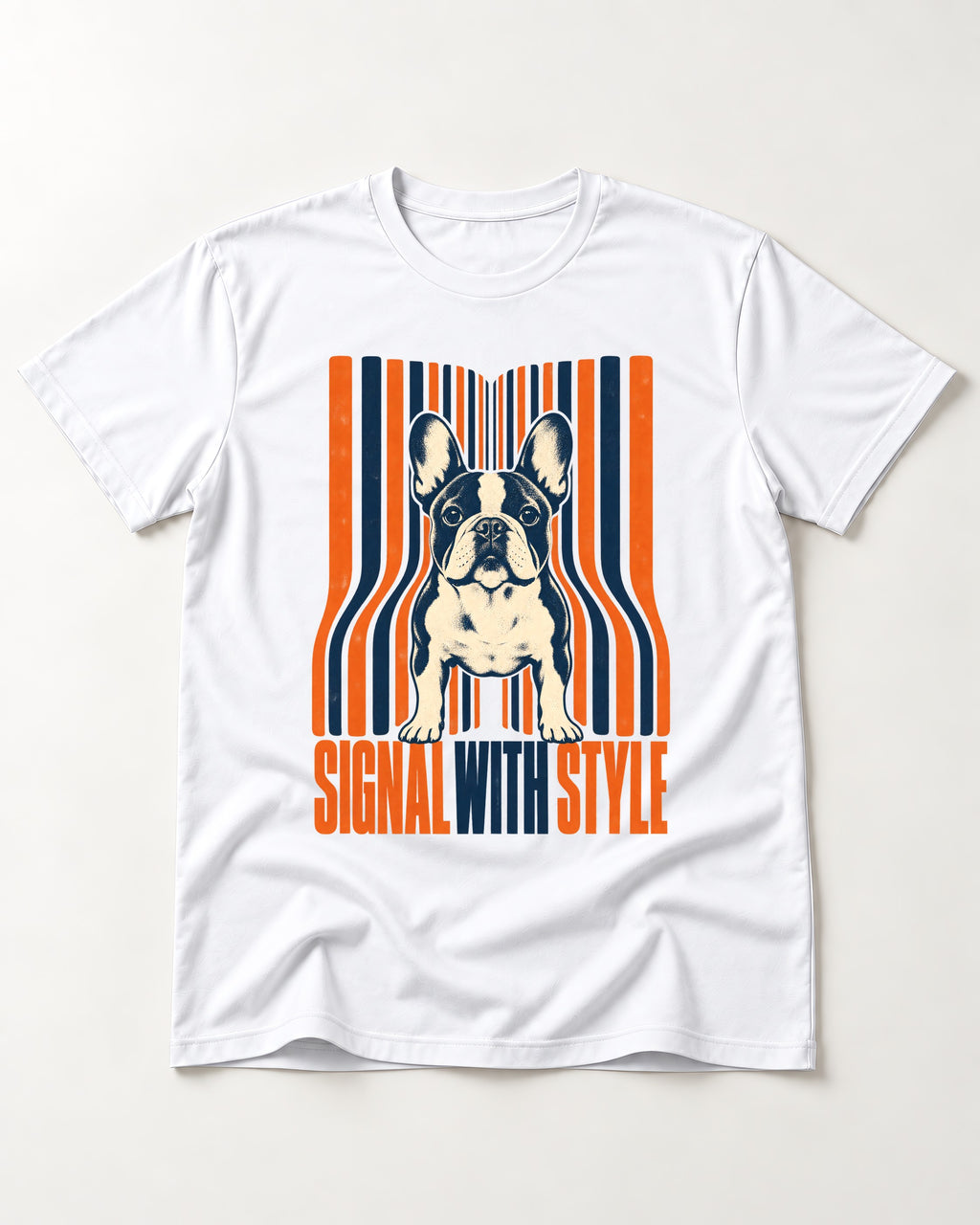 Frenchie Signal T-Shirt in White, flat lay product photo