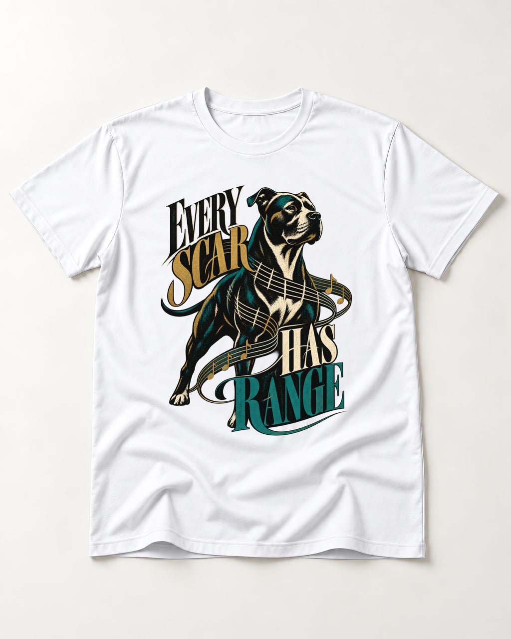 Every Pitbull Scar Has Range T-Shirt in White, flat lay product photo