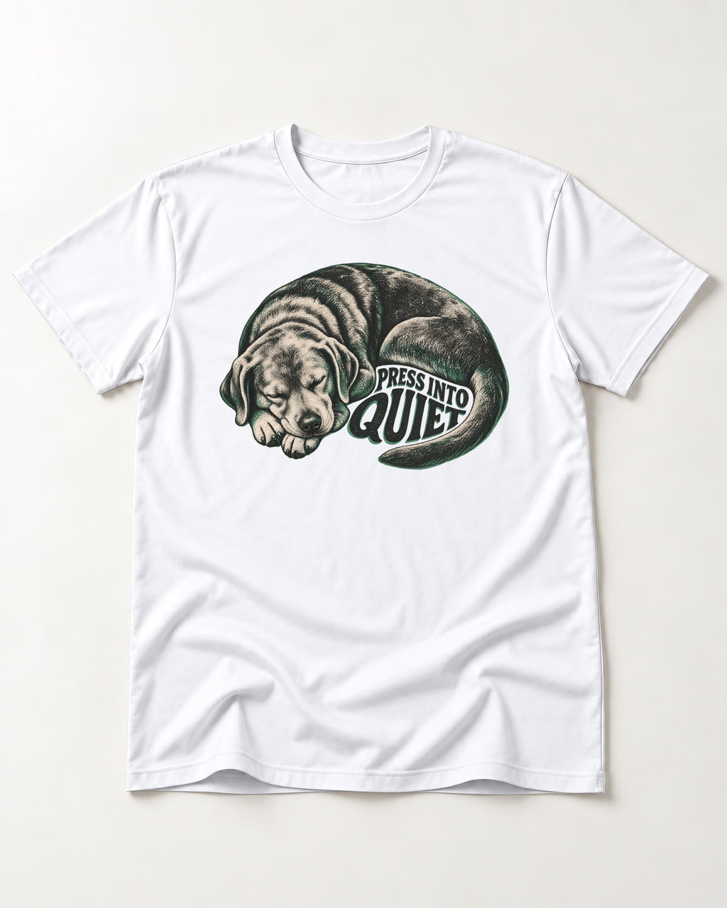 Labrador Retriever Press Into Quiet T-Shirt in White, flat lay product photo