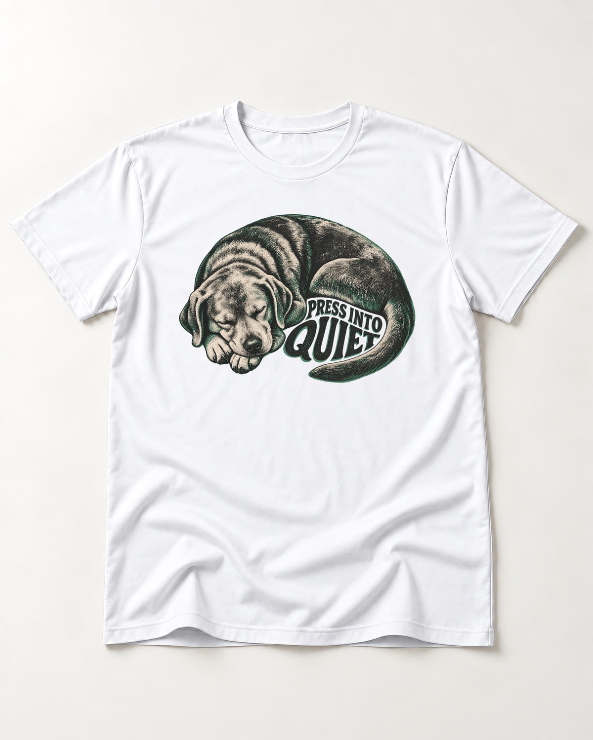 Labrador Retriever Press Into Quiet T-Shirt in White, flat lay product photo