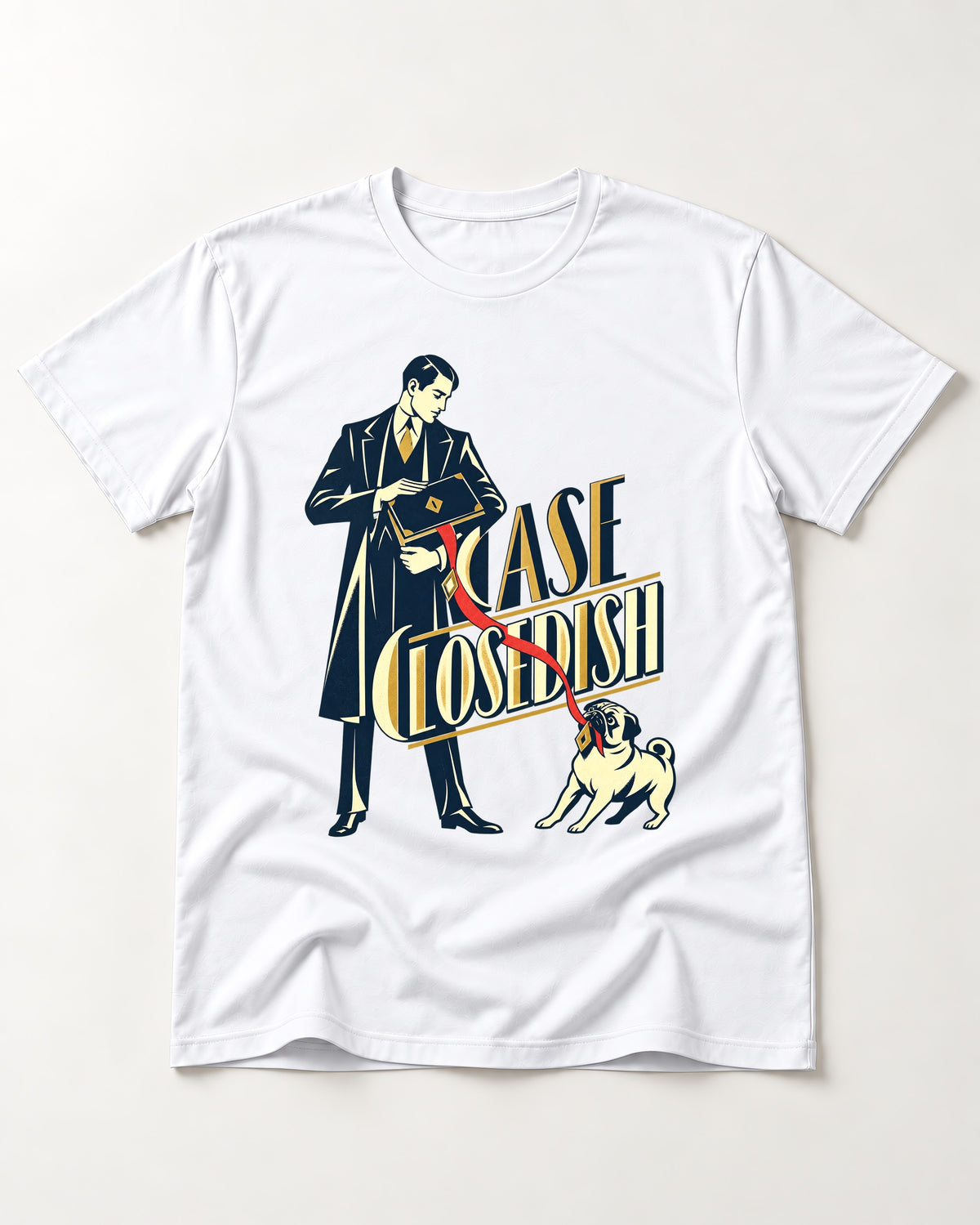 Case Closedish Pug T-Shirt in White, flat lay product photo