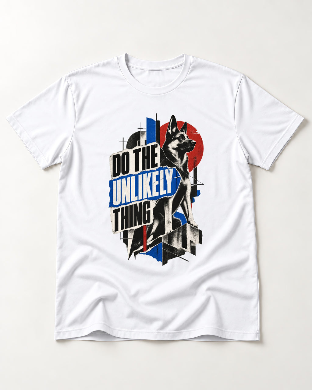 Do The Unlikely Thing Torn Poster German Shepherd Dog Graphic T-Shirt in White, flat lay product photo