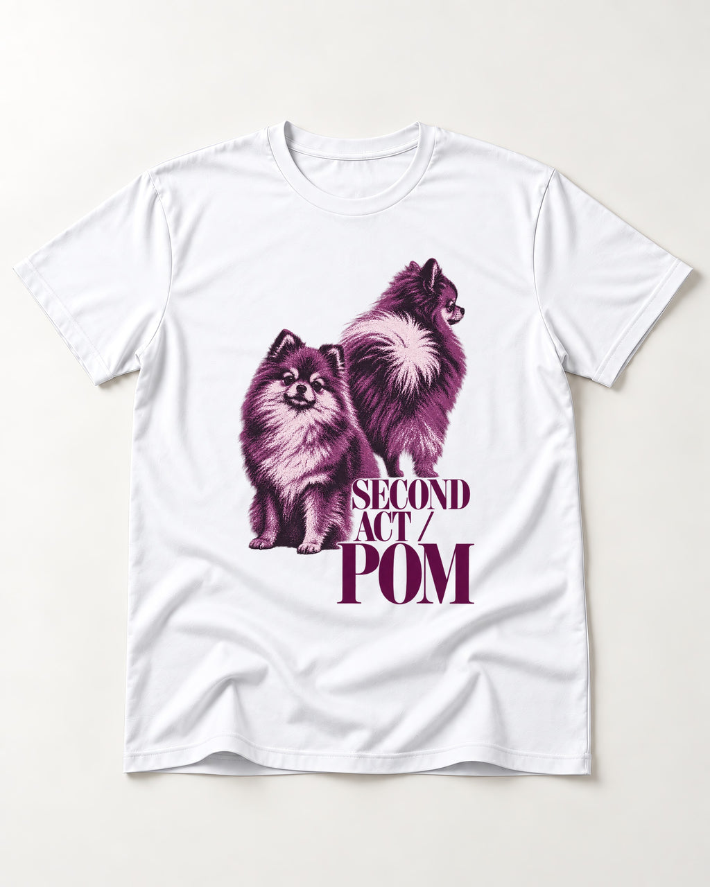 Second Act Pomeranian T-Shirt in White, flat lay product photo