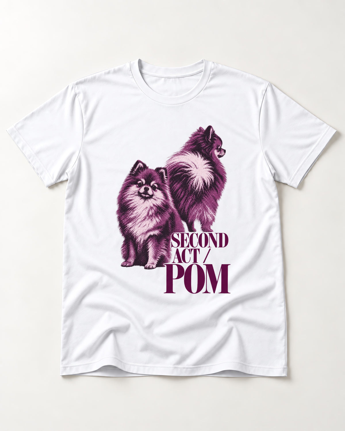 Second Act Pomeranian T-Shirt in White, flat lay product photo