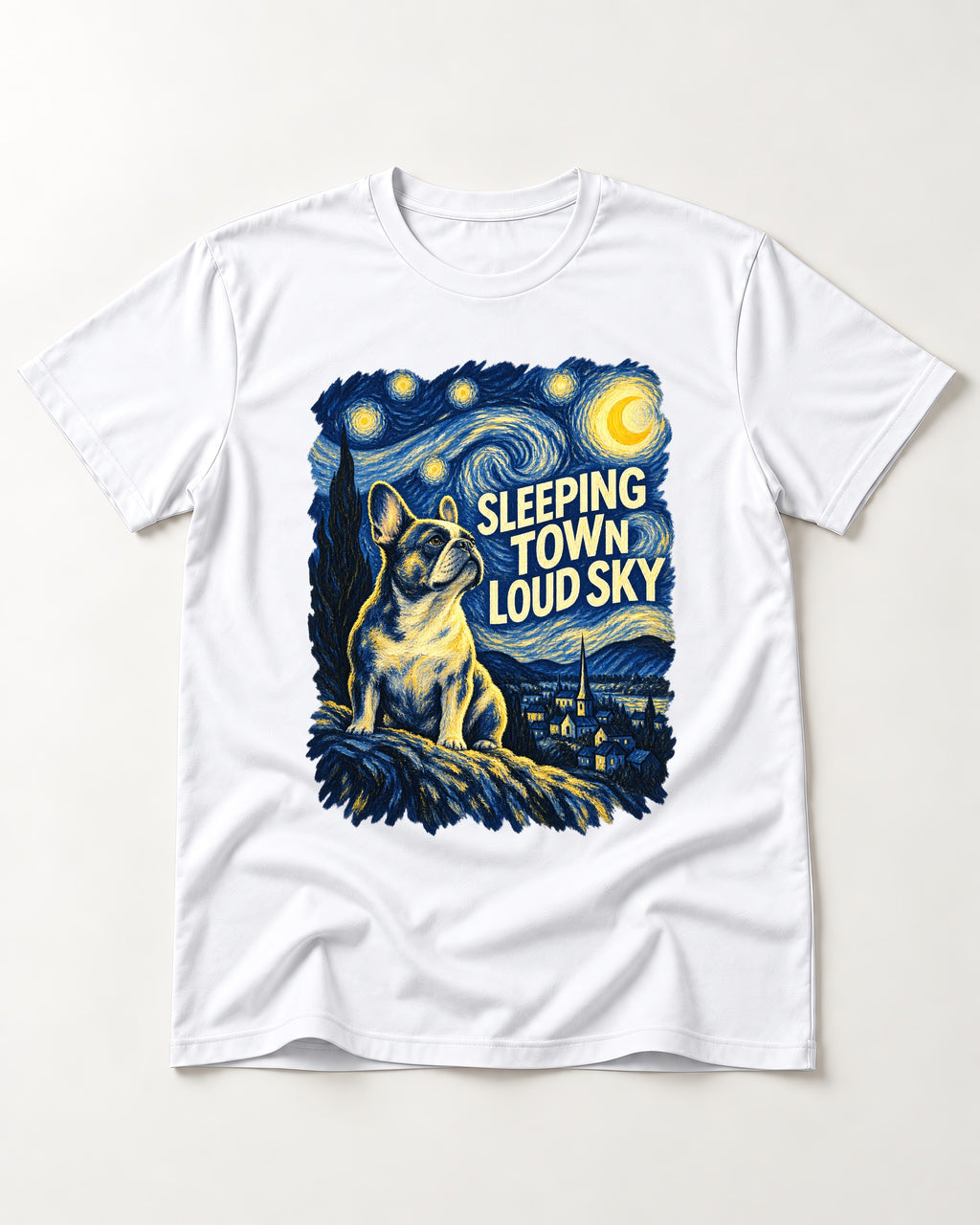 Frenchie Sleeping Town Loud Sky Graphic T-Shirt in White, flat lay product photo