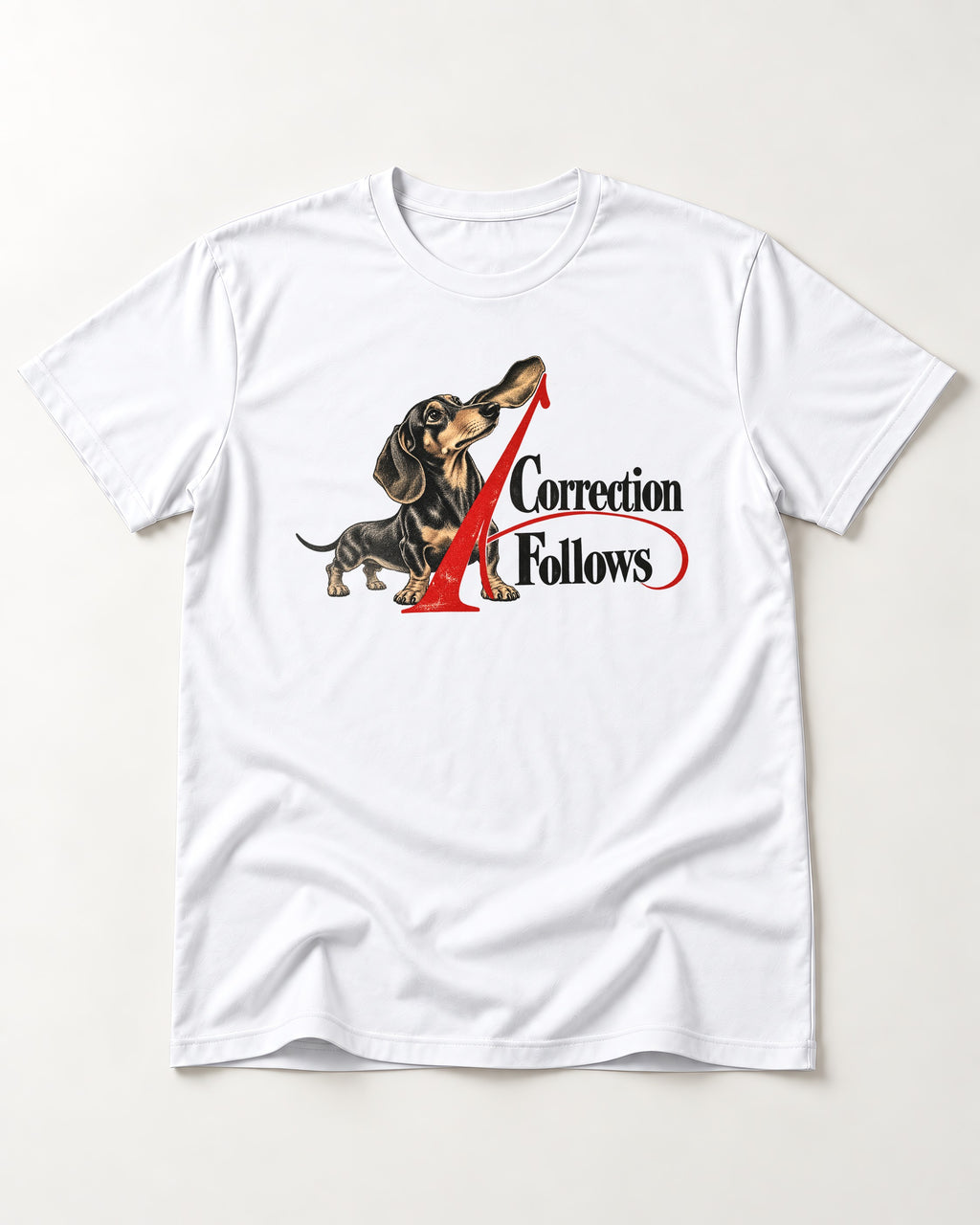 A Dachshund Correction Follows T-Shirt in White, flat lay product photo