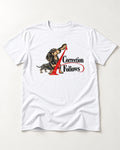 A Dachshund Correction Follows T-Shirt in White, flat lay product photo