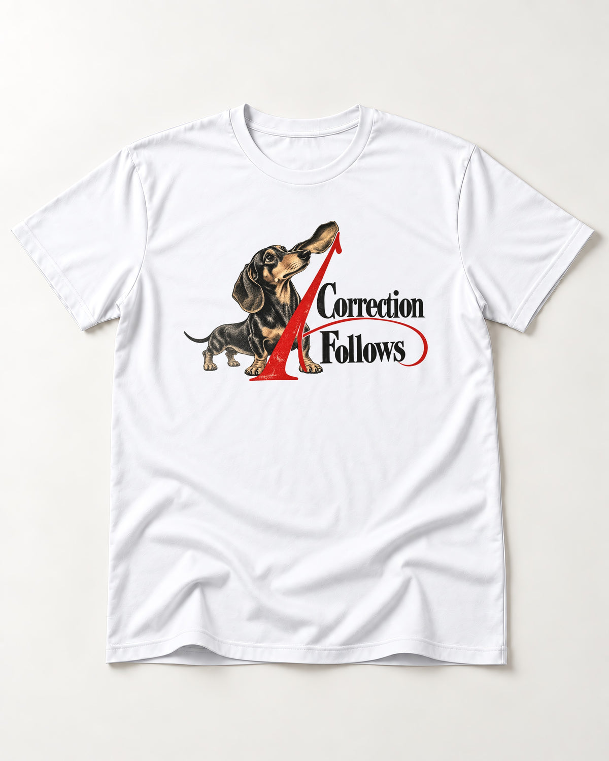 A Dachshund Correction Follows T-Shirt in White, flat lay product photo