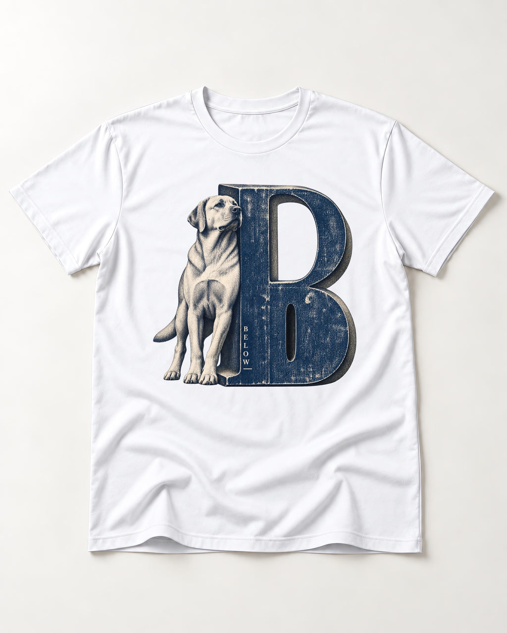 Labrador Retriever Below T-Shirt in White, flat lay product photo