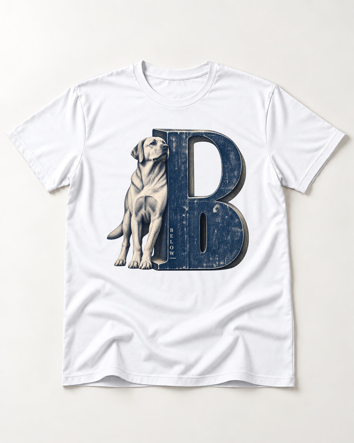 Labrador Retriever Below T-Shirt in White, flat lay product photo