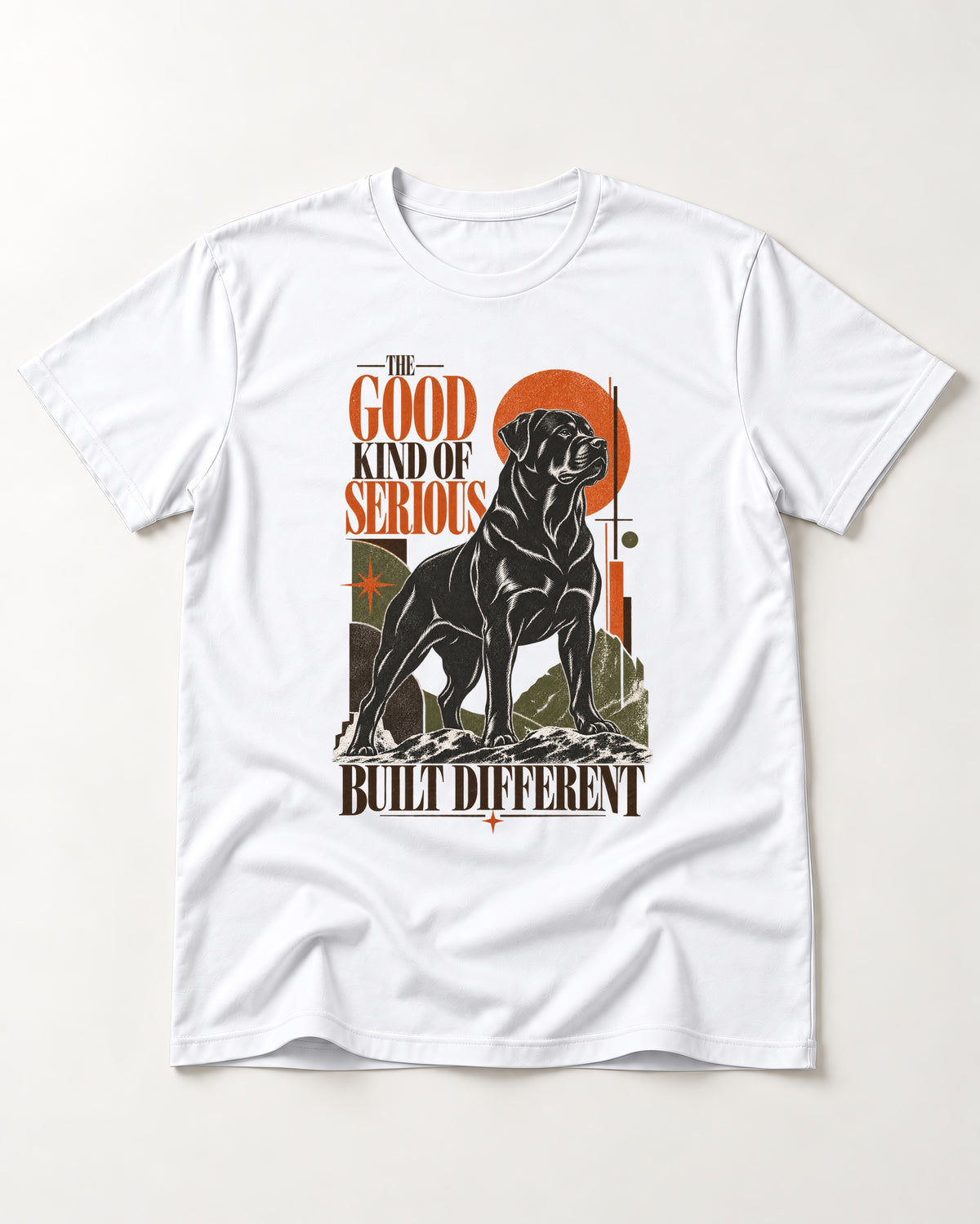 Rottweiler Built Different T-Shirt in White, flat lay product photo