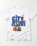 Frenchie's City Without Clocks T-Shirt in White, flat lay product photo