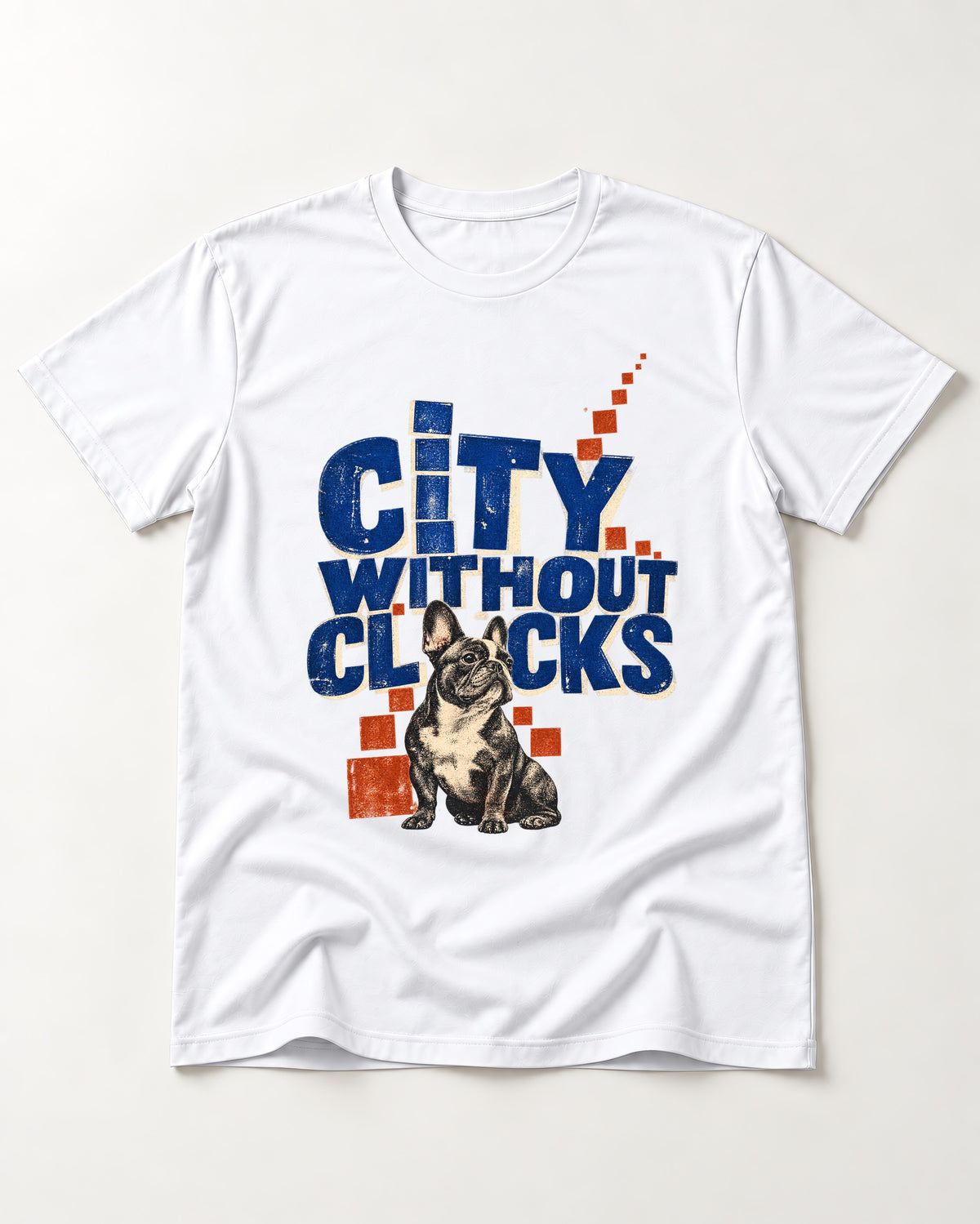 Frenchie's City Without Clocks T-Shirt in White, flat lay product photo