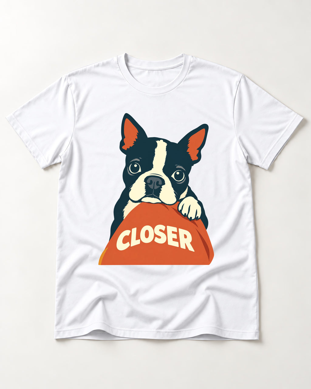 Come Closer Boston Terrier T-Shirt in White, flat lay product photo